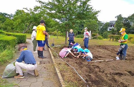 地域の園児と一緒に冬のひまわり種蒔き作業