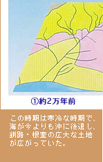 (1)約2万年前　この時期は寒冷な時期で、海が今よりも沖に後退し、釧路・根室の広大な土地が広がっていた。